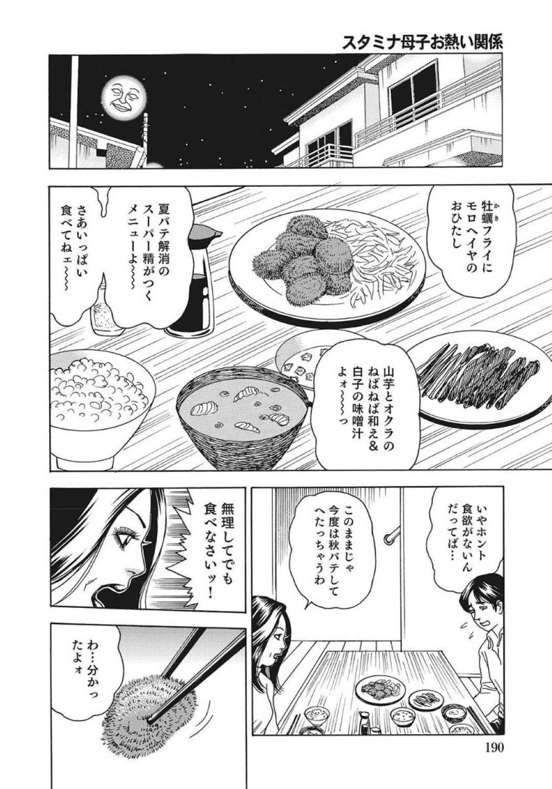 息子にスタミナ料理を食べさせてフル勃起させてしまい、フェラしてヌキまくる変態熟女母…６９や手コキフェラでヌイたあと騎乗位で逆レイプし強制中出しイチャラブ母子セックスしてイキまくる【茶坊：スタミナ母子 お熱い関係】