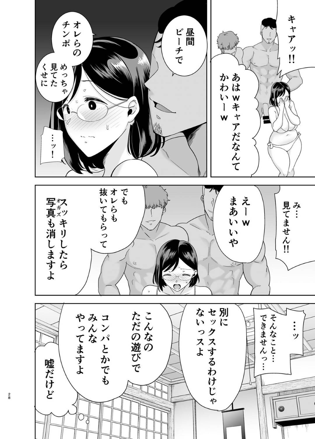 息子と一緒に訪れたビーチでチャラ男２人と仲良くなり、旅館の部屋でセクハラされる爆乳むっちりメガネ妻…ビキニ姿で性処理させられ、手コキフェラで顔射されたあと激しい輪姦調教レイプで寝取られ絶頂堕ち【DOLL PLAY：夏妻】