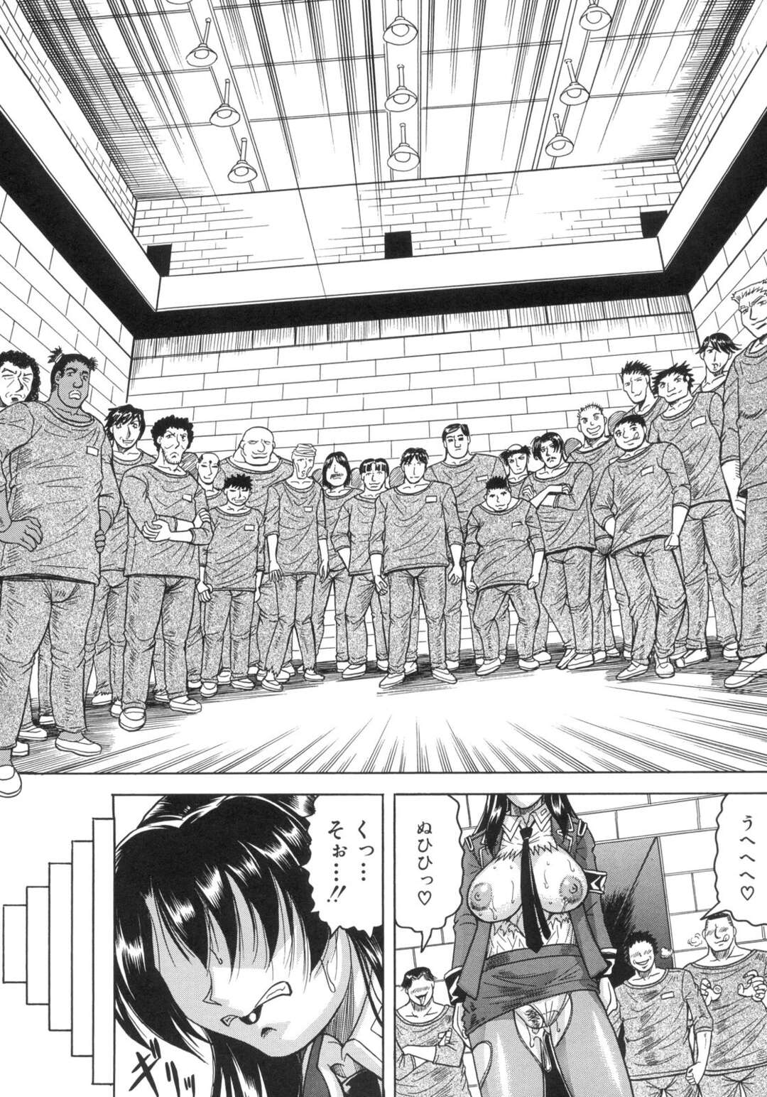 【エロ漫画】脱走した囚人たちに輪姦されてしまう女刑務官…囲まれて肉便器扱いの彼女は大勢に膣とアナルを犯されまくる！【じゃみんぐ:姦獄島 第3話】